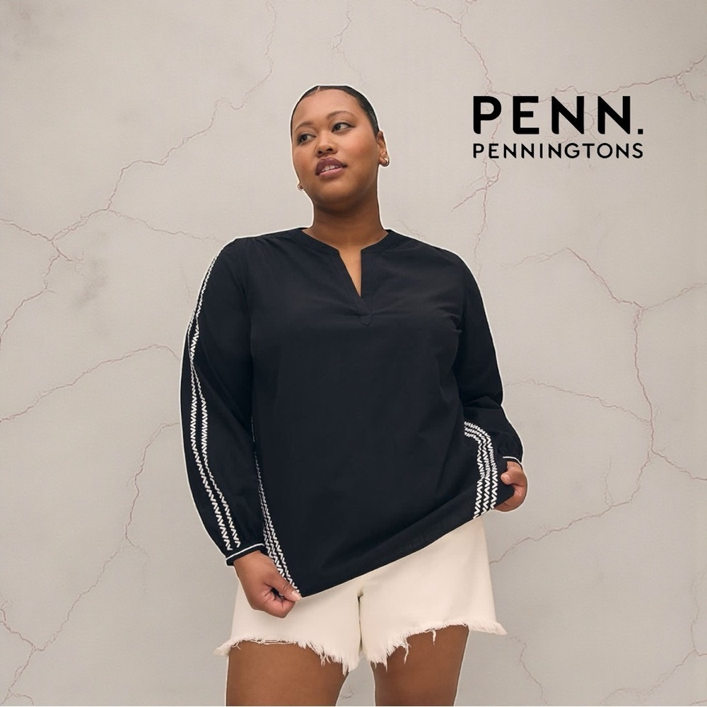Penningtons, Embroidered Black Cotton Blouse, Plus Size 1X, Black